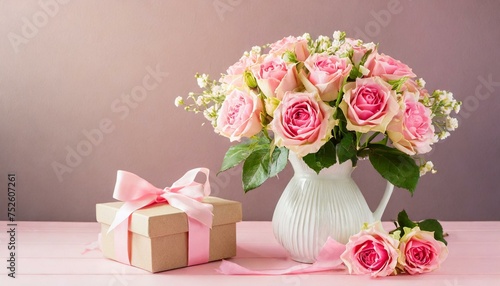 Bouquet of roses in a vase with a gift