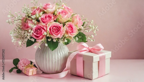 Bouquet of roses in a vase with a gift © Visual Vibes