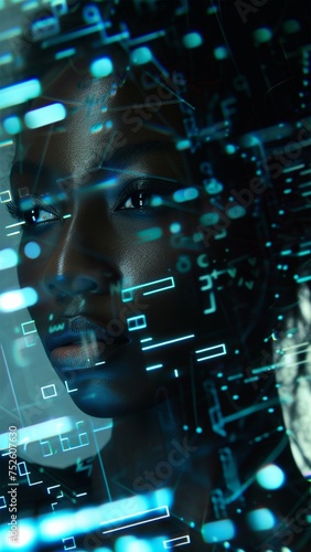 Black woman cyber security expert. With AI code illusminated overlay around her.  Working in a data center. Female Computer Engineer. Generative AI.
