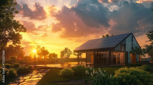 majestic house with a solar panel roof on a sunset in high resolution and quality