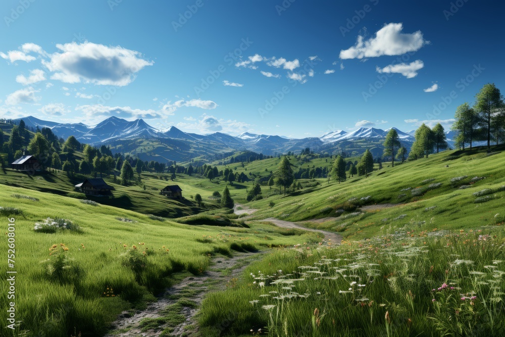 Picturesque Swiss mountain landscape with lush green meadows and snow-capped peaks in the distance