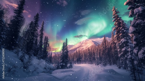 Beautiful aurora northern lights in night sky with snow forest in winter. © Joyce