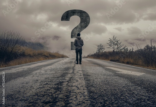 Business person lokking at road with question mark sign photo