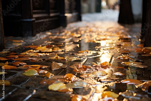 Wet autumn leaves on the old stone pavement with blurred background