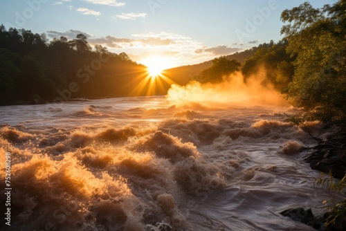 Raging river at sunset with golden waves crashing over rocky terrain, showcasing the power of nature