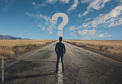 Business person lokking at road with question mark sign