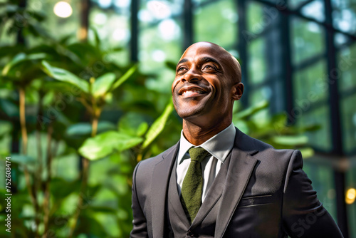 African American businessman with a confident smile. Concept of progress and positive impact of eco friendly business, corporate sustainable and socially responsible management. Copy space