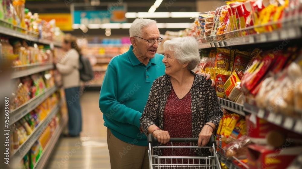Happy senior couple shopping together in a grocery store.