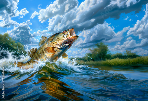 Larged bass jumps out of water isolate realistic illustration. Big bass perch fishing in the usa on a river or lake at the weekend.