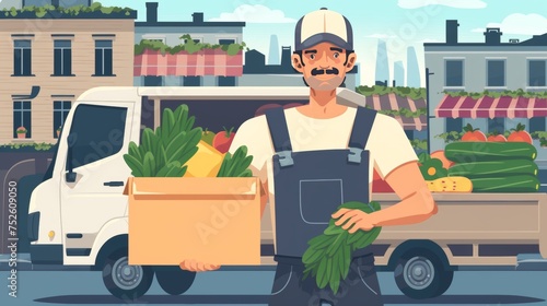 Vector illustration of smiling food delivery service personnel with food truck deliver groceries to customer.