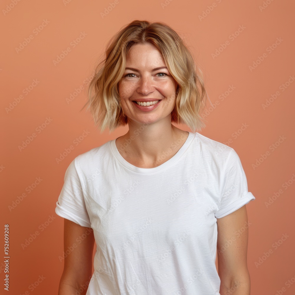 Fototapeta premium Woman Standing in Front of Pink Wall