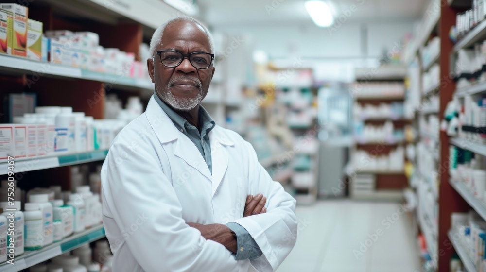 Portrait of smiling Africa-American male pharmacist in a drug store
