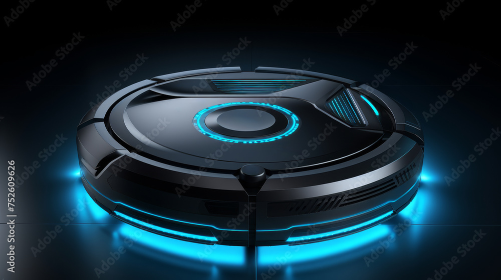Futuristic neon-lit wireless robot vacuum cleaner with innovative controls removes dust on floor Futuristic neon-lit wireless robot vacuum cleaner with innovative controls removes dust on floor