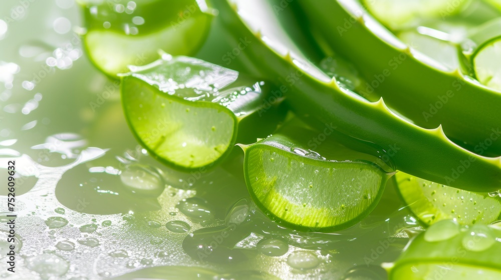 Close-up view of sliced aloe vera leaf with juice