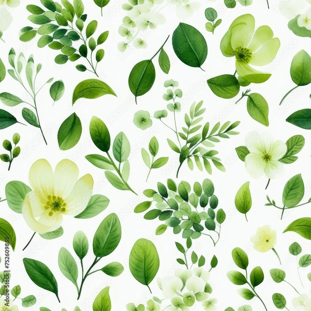 Seamless botanical pattern with green leaves and delicate white flowers on a white background. Perfect for Fabric Printing, Wallpaper, and Scrapbooking. Adds Sophistication to Creative Projects. Seamless botanical pattern with green leaves and delicate white flowers on a white background. Perfect for Fabric Printing, Wallpaper, and Scrapbooking. Adds Sophistication to Creative Projects.