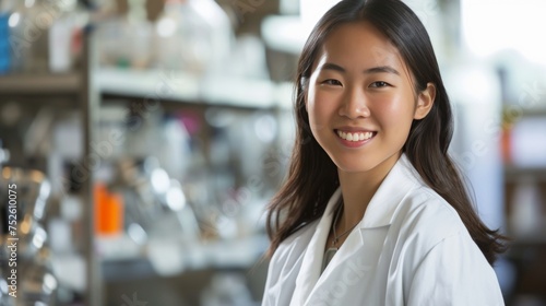 Portrait of an Asian research scientist in a biochemistry lab