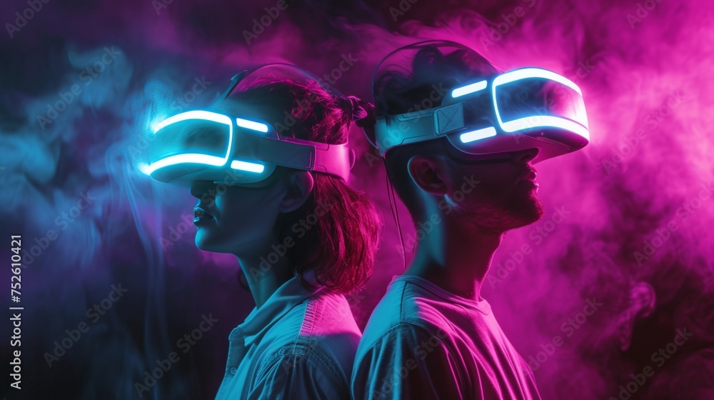 People wear VR headset in a futuristic cyberpunk atmosphere. People wear VR headset in a futuristic cyberpunk atmosphere.