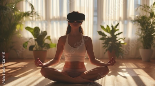 Wallpaper Mural Young female doing yoga at home with the help of VR technology. Torontodigital.ca