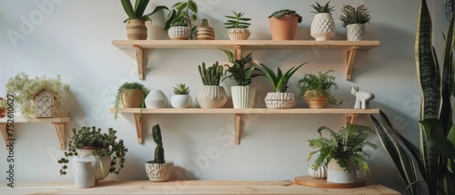 Shelf Filled With Potted Plants on Wooden Shelves