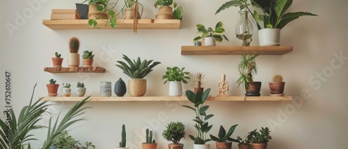 Array of Houseplants and Succulents on Wooden Shelves