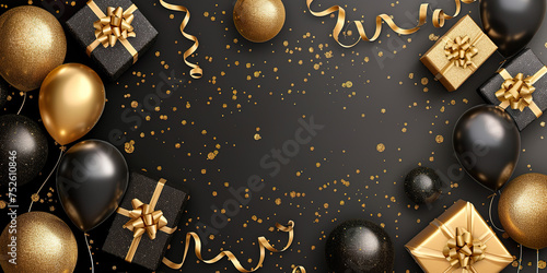 Holiday celebration background with Black Gold balloons, background