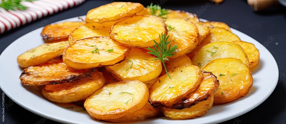 A white plate sitting on a table, holding sliced rounds of skin-on fried potatoes.