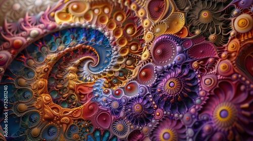 Elaborate fractal spirals with a stunning blend of colors and intricate textures