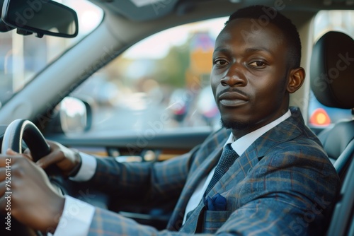 Professional African Man in Suit Driving Car - Concept of Business Mobility and Urban Lifestyle © Rade Kolbas