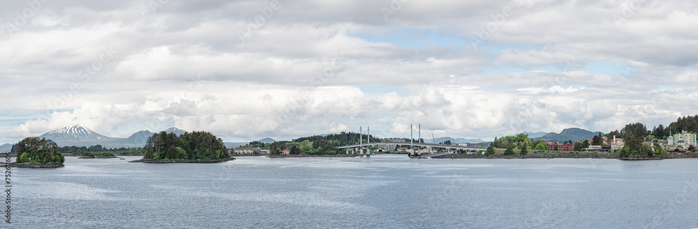 Panorama of the John O'Connell Bridge cable-stayed bridge over the Sitka Channel, Sitka, Alaska
