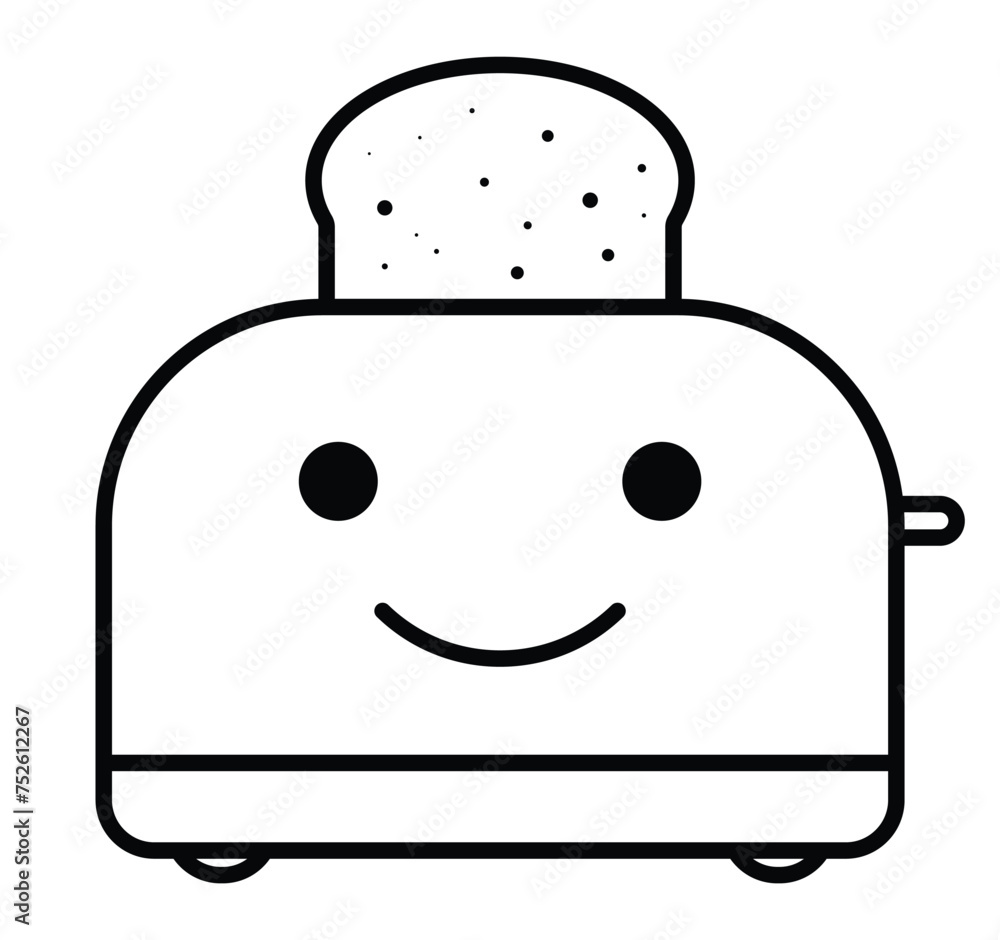 Cute happy smiling smile toaster character line icon. Cartoon toaster with toast. Toasting bread. Black contour symbol. Vector illustration. Cute happy smiling smile toaster character line icon. Cartoon toaster with toast. Toasting bread. Black contour symbol. Vector illustration.