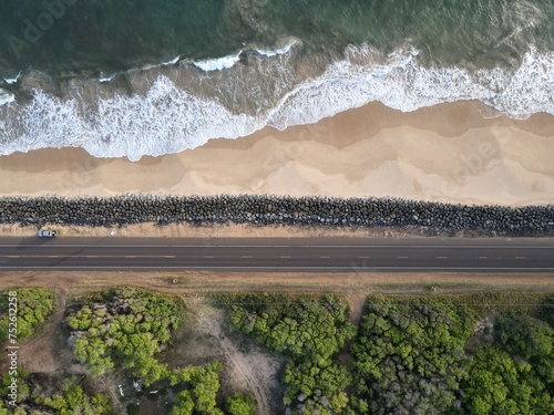 Aerial view of shoreline road and beach at Kekaha on Kauai photo