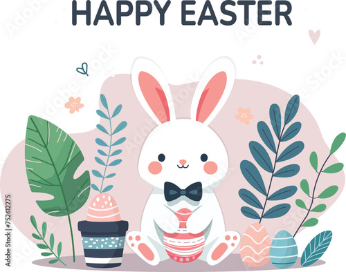 Happy Easter greeting card with cute white gentlemen bunny and eggs. Vector illustration