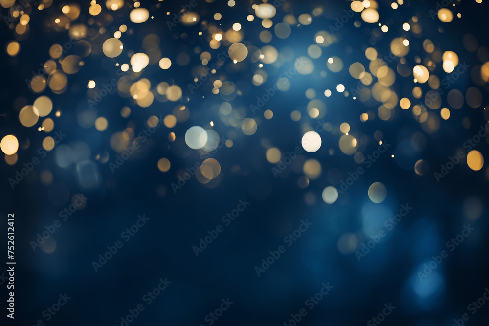 Golden Bokeh Lights on Blue Background. Festive and Holiday Atmosphere Concept