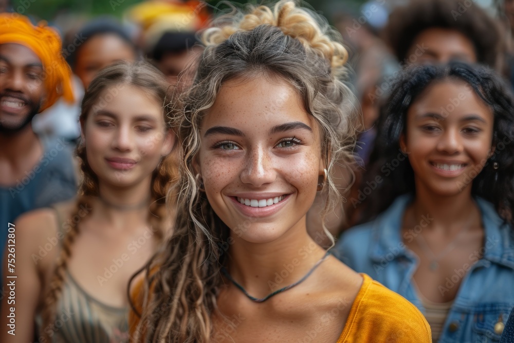 Radiant young woman amidst a diverse crowd of individuals Radiant young woman amidst a diverse crowd of individuals