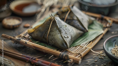 Close up,Copy space,Famous chinese food in dragon boat duan wu festival,Steamed rice dumplings photo