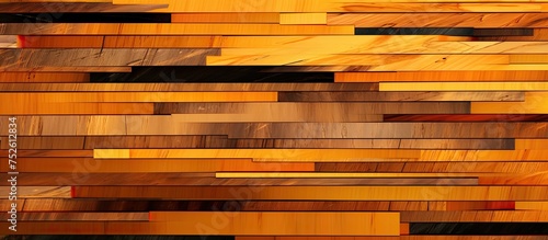 This close-up shot showcases a wall constructed entirely of wooden planks  with each plank displaying varying shades of yellow and orange. The converging lines create an abstract and visually
