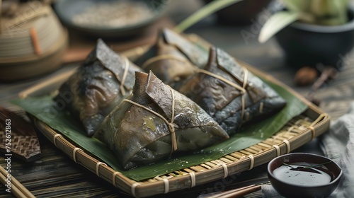 Close up,Copy space,Famous chinese food in dragon boat duan wu festival,Steamed rice dumplings photo