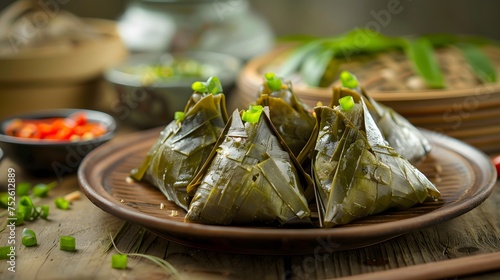 Close up,Copy space,Famous chinese food in dragon boat duan wu festival,Steamed rice dumplings photo