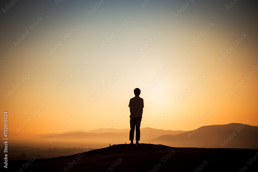 Silhouette of a Lone Person Standing on a Cliff Overlooking a Sunset Sky. Contemplation and Adventure Concept