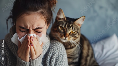 A person sneezing due to allergic with home animal. photo
