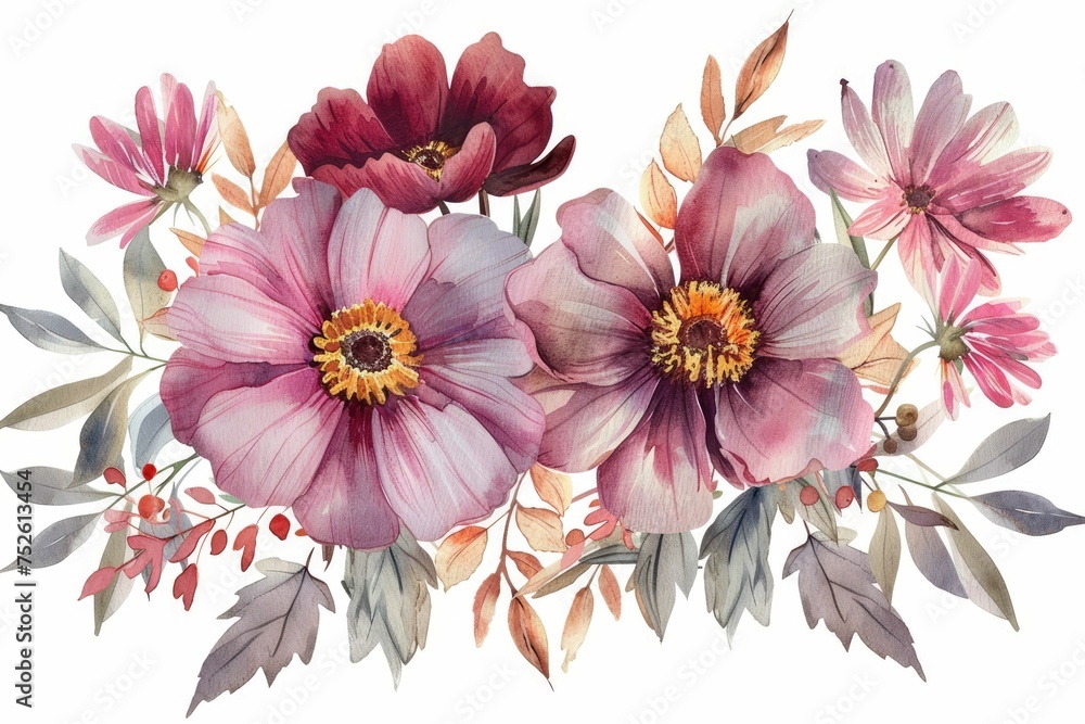 Obraz premium An artistic watercolor composition of blooming flowers in soft hues with detailed petals
