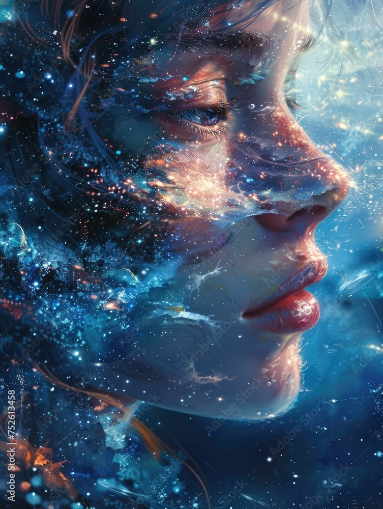 Surreal portrait of a woman with cosmic and stardust blending with her features