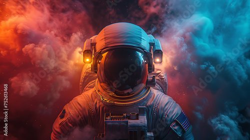 astronaut on colored and fog background, concept of poster,space mission