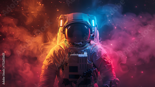 astronaut on colored and fog background, concept of poster,space mission photo