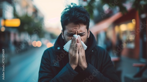 A person sneeze with tissue due to allergy reaction photo