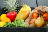 Close up of eco fruits and vegetables in a eco felt bag