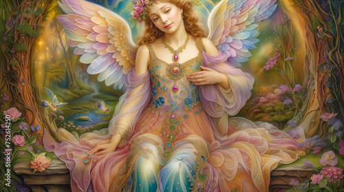Enchanted fairy with wings in a fantasy magical forest with butterflies  magic flowers. concept art   Fantasy art