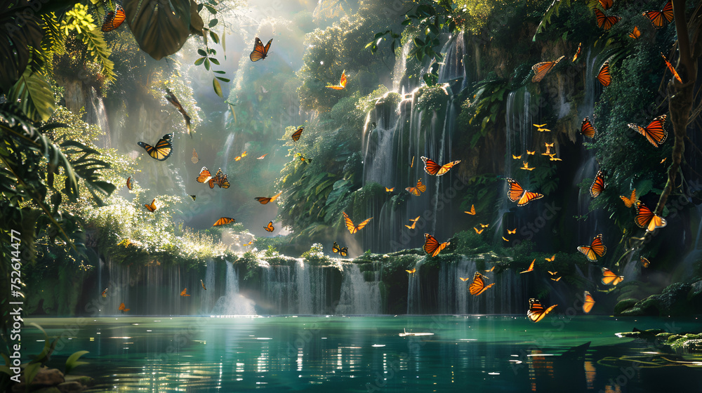a lake with waterfalls and lush greenery, partly composed of butterflies, like purcaraccia in corse - obrazy, fototapety, plakaty 