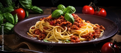 A plate filled with cooked spaghetti coated in savory tomato sauce and topped with fresh basil leaves.