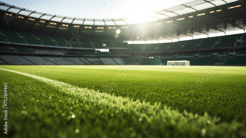 Sunlit Soccer Field with Fresh Green Grass in an Empty Stadium. Sports Venue Concept © AspctStyle